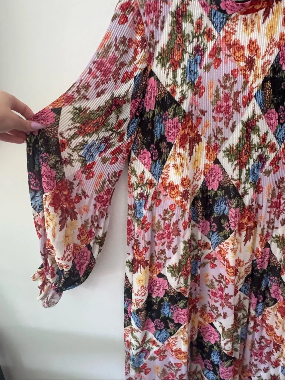 Anthropologie Patchwork Floral Pleated Long-Sleeve Midi Dress Small